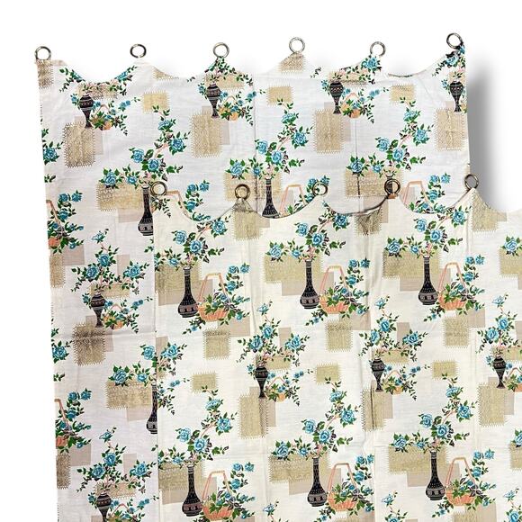 Vintage Mid Century NEW Pair Floral Toile Kitchen Cafe Curtains Scalloped Tabs - Picture 4 of 9